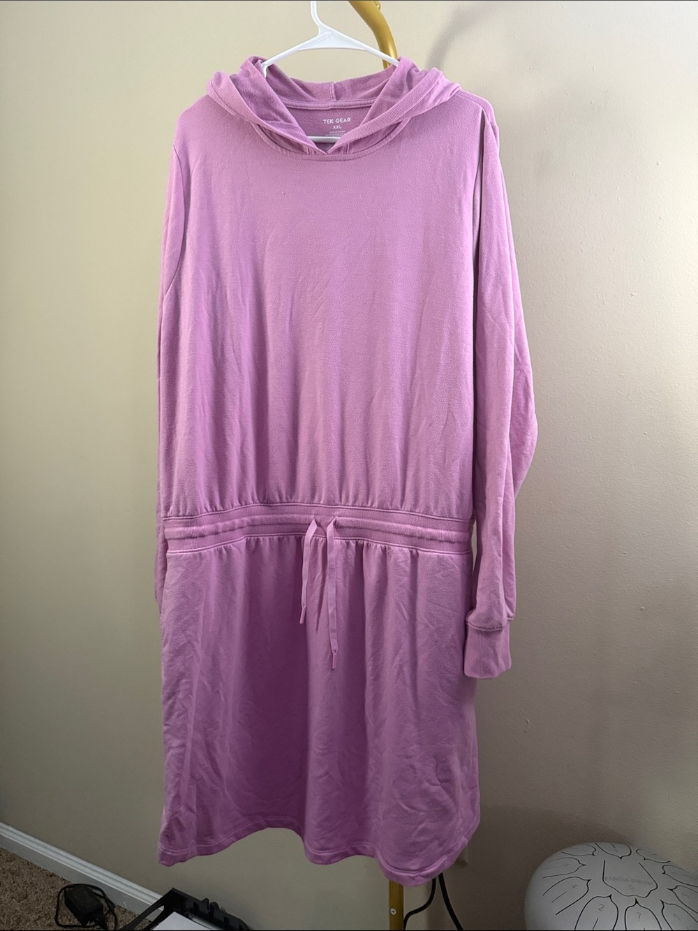 Soft Hooded Lilac Sweater Type Dress with Drawstring Waist and Pockets XXL
